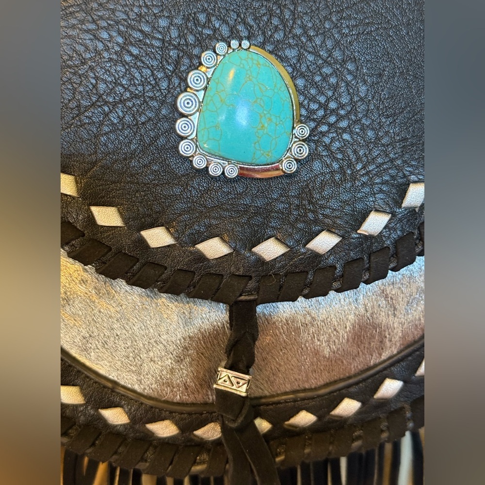 Western Black Fringe Crossbody Bag Turquoise Boho Shoulder Purse NWT - Picture 10 of 12